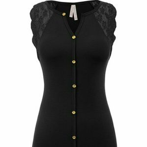 SBS Basics Black Lace Sleeveless Button Down Top